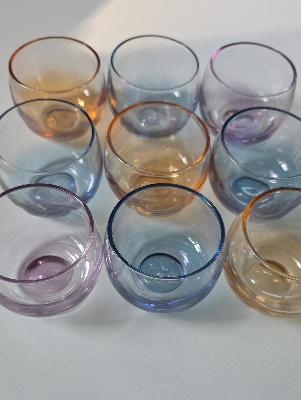 Set of 9 Iridescent Gem-Tone 5 oz. Roly Poly Cocktail Glasses by Federal Glass